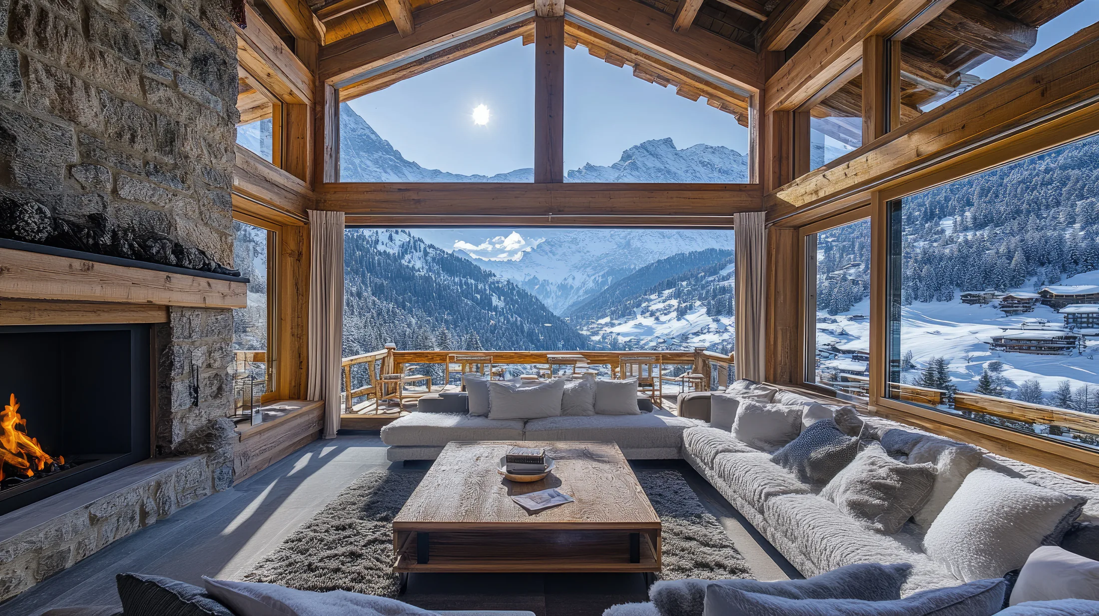 Alpine Berghütte mit weitem Blick über verschneite Berge